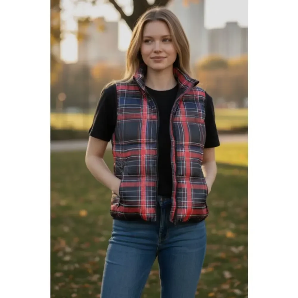 Tribal Red Plaid Puffer Quilted Vest size Large